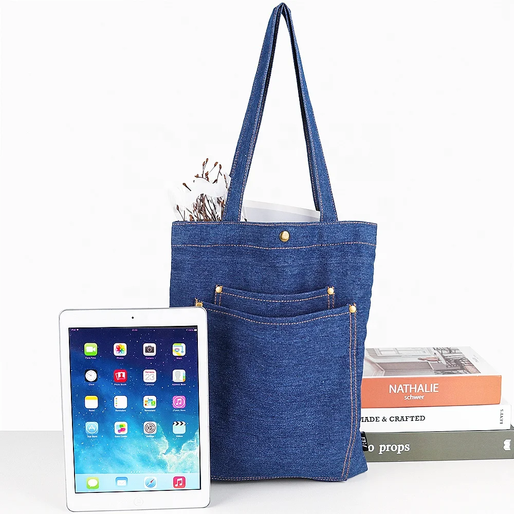 OEM/ODM Navy Blue Casual Jean Tote Bag Canvas Denim Shopping Tote Bag With Custom Printed Logo