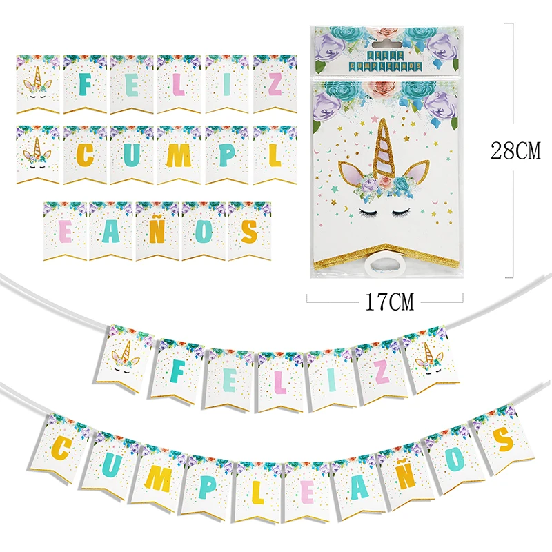 Cute Fantasy Fairy Girls Birthday Party Supplies Glitter Powder Cute Cartoon Corn Animal Head unicorn Feliz cumpleanos Banner