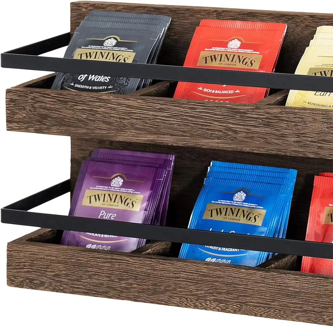 202407 Wooden 2 Tier Rustic Wood Tea Bags Holder Wall Mounted Tea Box for Coffee Condiment Display Shelf Tea Rack
