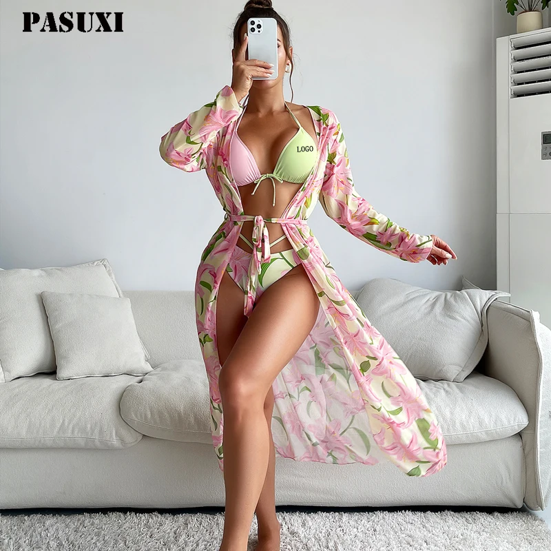 Заводской производитель PASUXI бикини на бретельках с лямкой через шею женский микро-купальник большого размера 3 шт. купальник цветочным рисунком