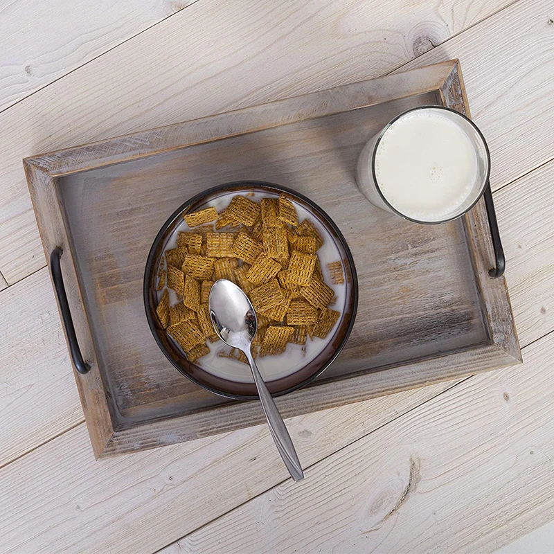 Home Decor Farmhouse Tray Coffee Table Tray Rustic Ottoman Decorative Wooden Serving Tray with Metal Handles