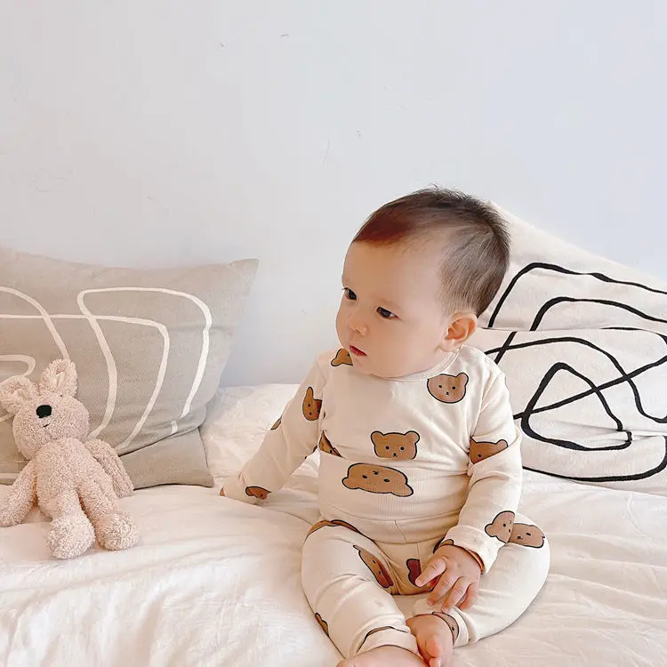 Organic Bamboo Toddler Pajamas Children Pajamas 2PCS Set Sustainable Cartoon Bear Printing Long Sleeve Baby Boy Girl Sleepwear