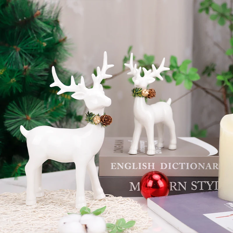 Redeco Wholesale Custom Ceramic Elk Ornament Christmas Reindeer Figurine White Reindeer Ornament for Gifts Home Decoration