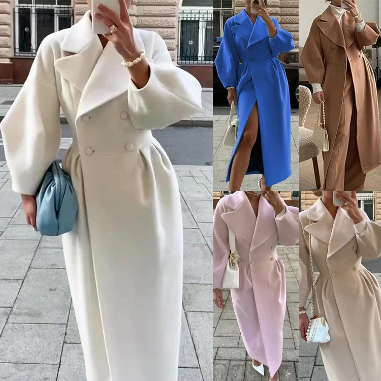 Autumn Winter New Woolen Coat Women Vintage Court Style Lantern Sleeve Overcoat Female Lapel Long Overcoat