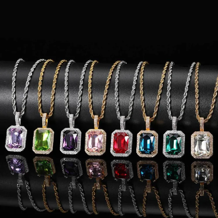 Wholesale Iced Out CZ Pendant Big Blue Crystal Rhinestone Pendant Light Blue Stone Bling Ruby Pendant Hip Hop Necklace