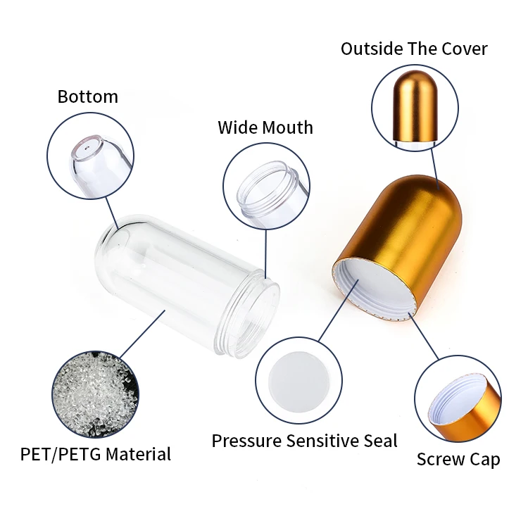 Factory 55ml Shaped Capsule Golden Lid Plastic Bottle Pill Apothecary Smell Proof Wide Mouth Child Resistant Plastic Bottles