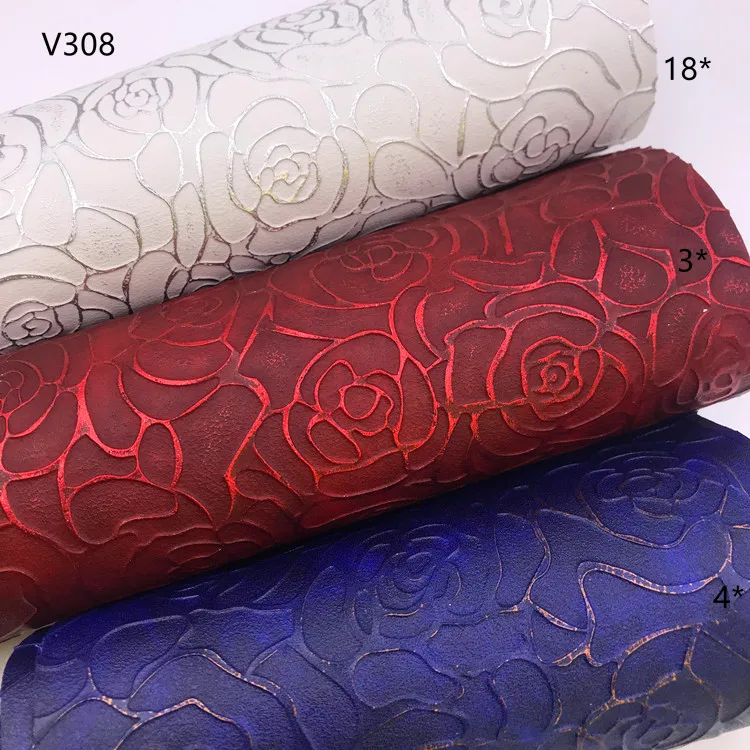 V308 new gold and silver rim rose flower PVC embossing synthetic leather fabric for bags suitcase belt Shoe material cuero
