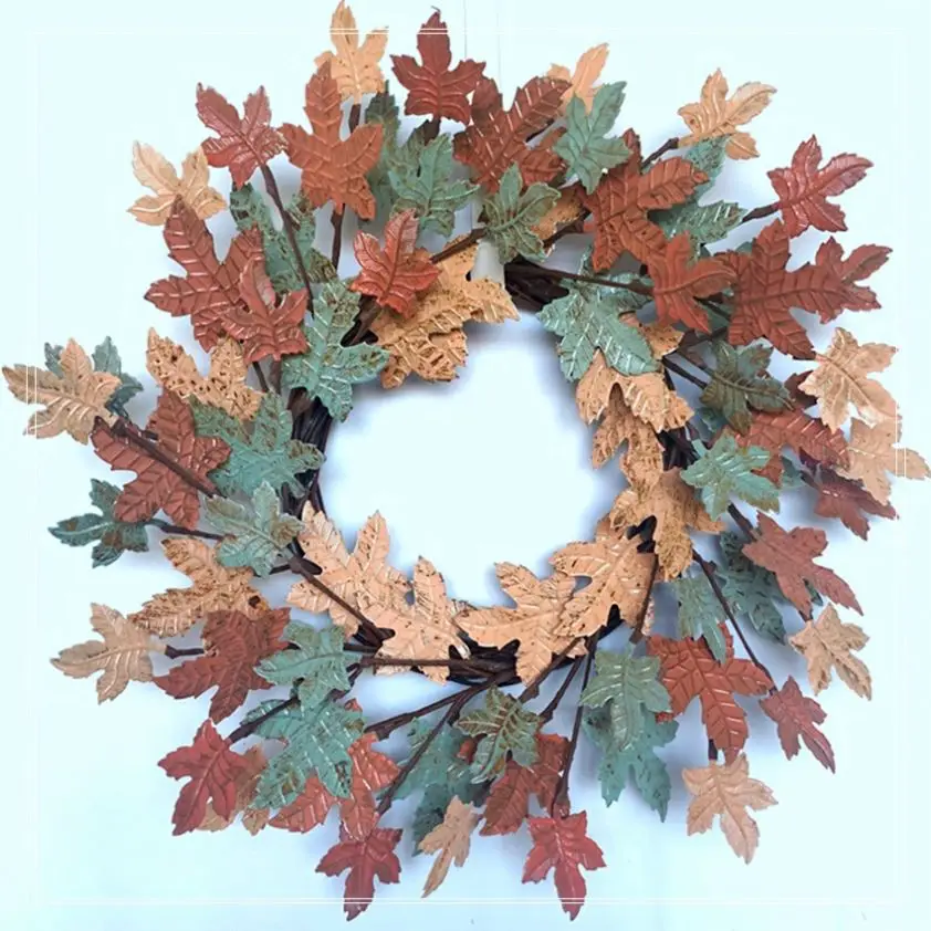 Brand New Rustic Metal Maple Leaf Wreath Early Fall Harvest Decor On Grapevine With Great Price