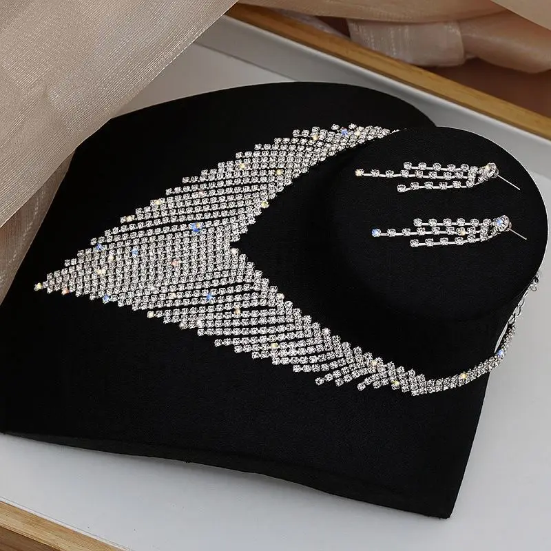Wholesale Fashion Elegant Ladies Jewelry Full Rhinestone Tassel Collar Bone Necklace Earring Set
