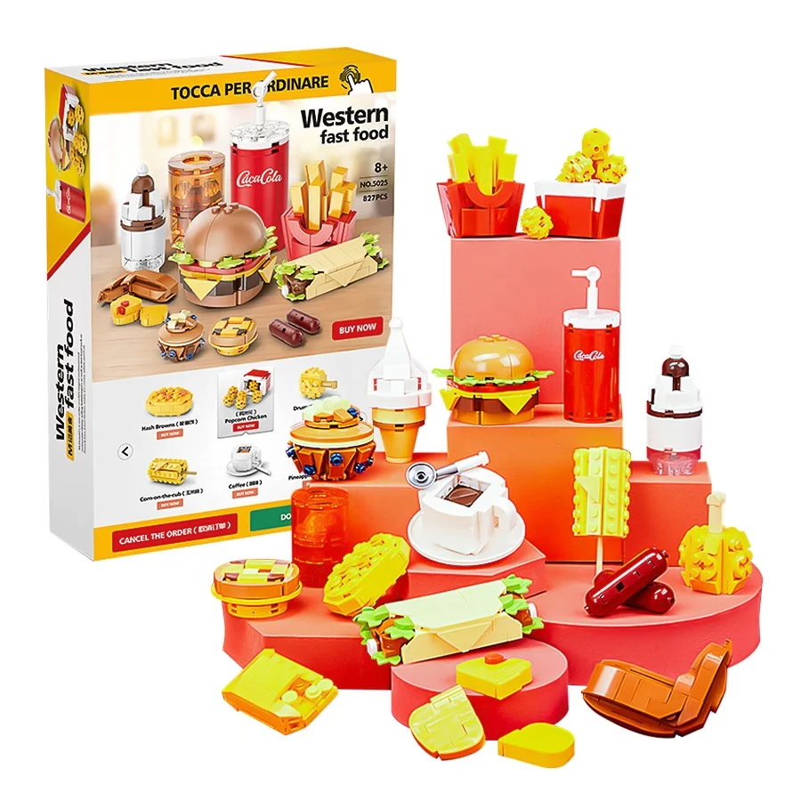 Coffee Sandwich French Fries Bread Hamburger Sets City Street View Cartoon Model Building Blocks Set Gift Toys for Kids
