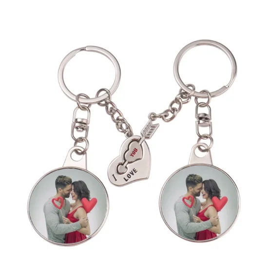 Custom Logo Heat Press Printing Metal Two Heart Love Sublimation Lovers Gift Couple Keyring Keychain