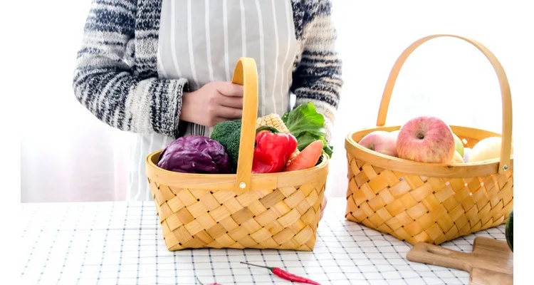 
Country Primitive Garden Home Fashion House Handmade Rattan Storage Wooden Woven Container Storage Handle Basket 