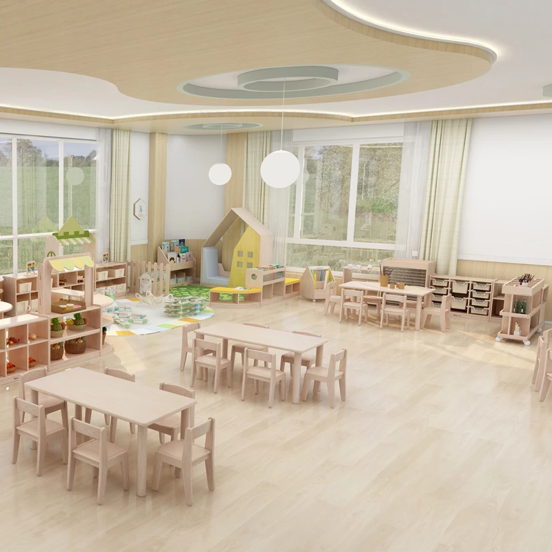 Simple round legs rectangular table combination kindergarten school furniture for children furniture for preschool wooden