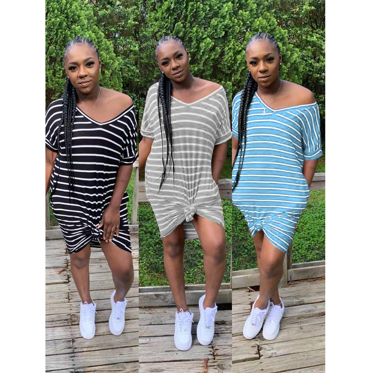 Fashion Side Pocket Striped Printed European And American Style Women Dress