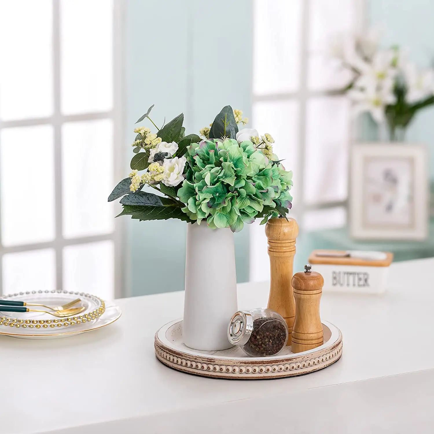 Wooden tray Round: White wash bead tray suitable for coffee table centerpiece decoration living room bathroom storage rack