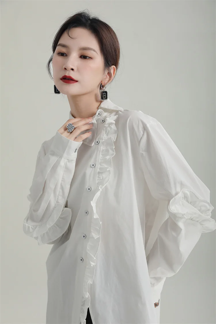Spring Autumn Plus Size Chic Casual Blouse Ruffled Long-Sleeved Shirt Chinese-Style Asymmetrical Collar Mid-Length Shirt