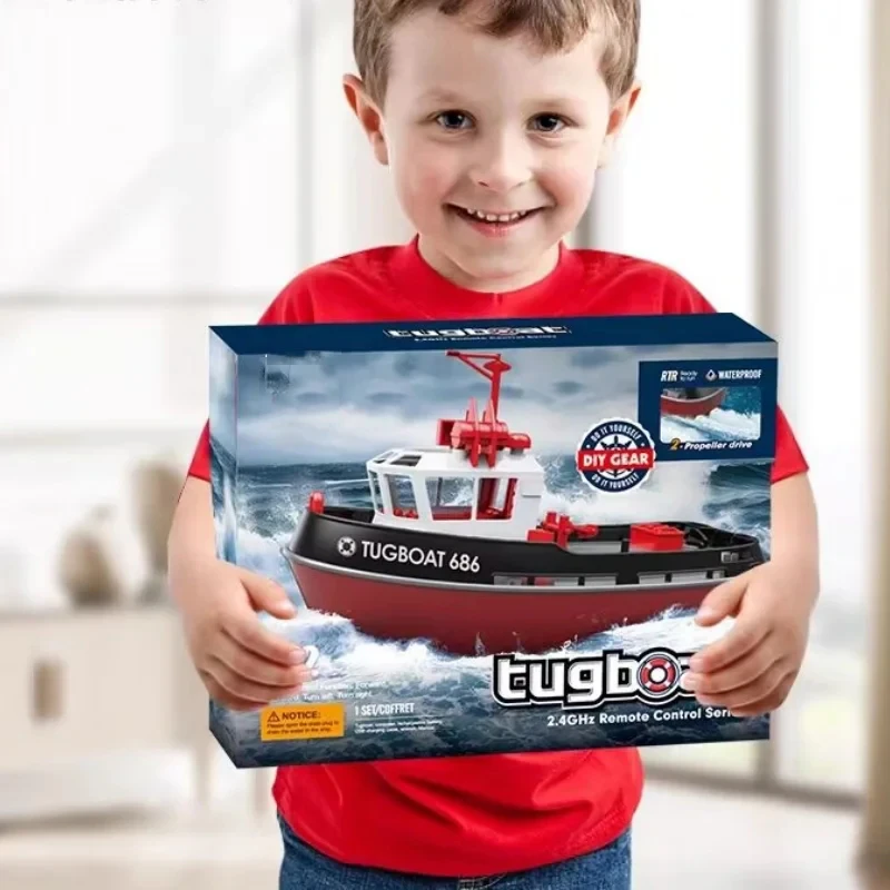 RC Boat Tugboat with LED Lights Dual Motor Design 2.4Ghz RC Harbor Working Boat Electric Remote Control Tugboat for Adult Kids