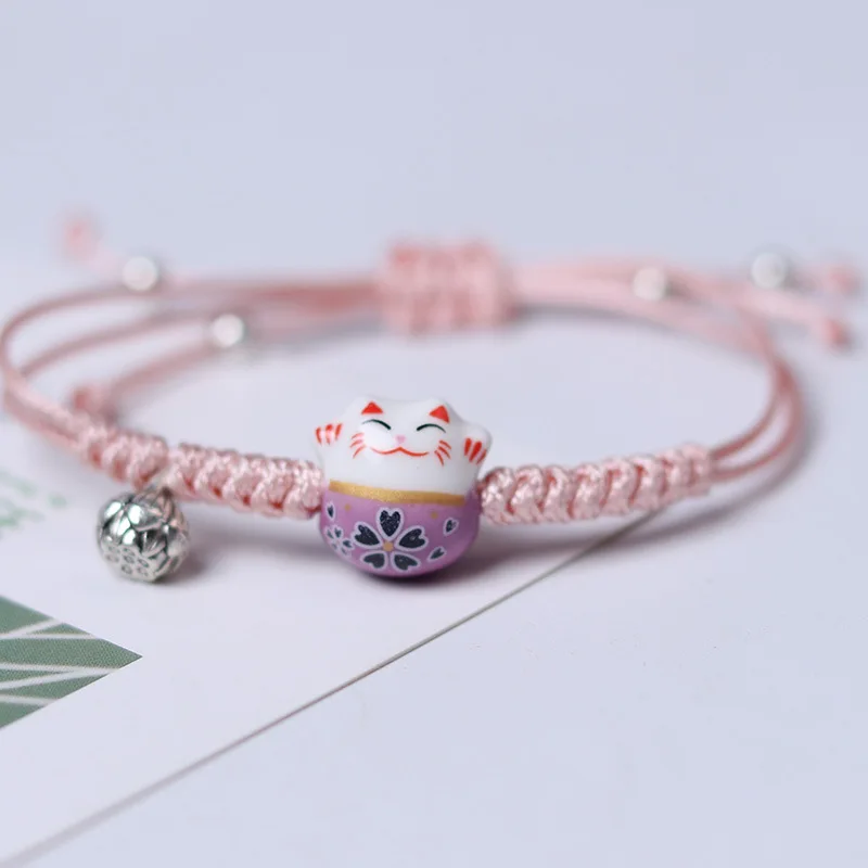 Colorful Hand-knitted Kawaii Ceramic Lucky Cat Charm Rope Bracelets Tassel Beads For Kids Women Japanese Style Fashion Jewelry