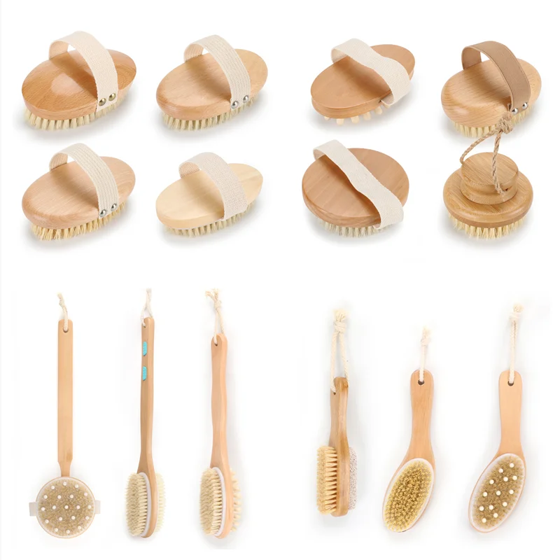 Abeis Hot Selling Low MOQ Stock Massage Bath Shower Brush Super Soft 100% Boar Bristle  Dry Body Brush