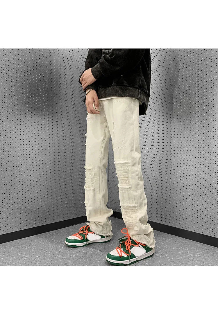 XINGKONG White Pants for Men - High Street Ripped Jeans with Slim Straight Leg and Flare Design