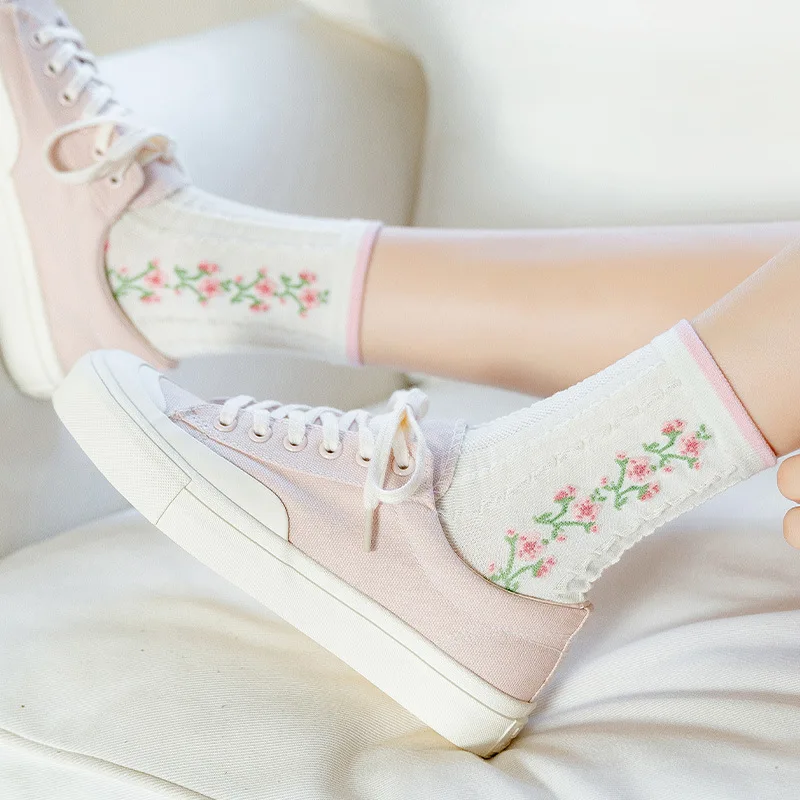 Kawaii Socks Korean Style Spring Floral Sweet Girl Ladies Flower Cute Korea Womens Cotton Socks