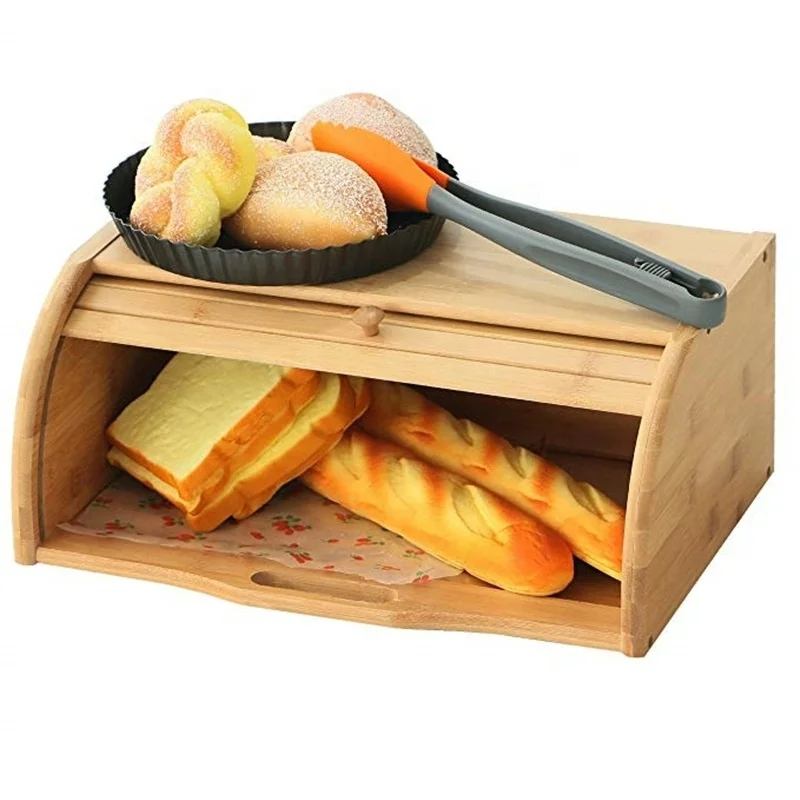 Large Capacity Bamboo Bread Box Roll Top and Removable Layer Food Storage Container Bamboo Storage Holder