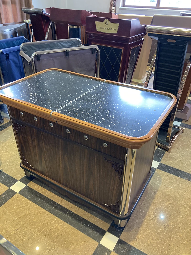 European Style Pull-close Luxury Mahogany Abalone Cart Mobile Flambe Cooking Trolley with Double Gas Stove and Wheels for Hotel