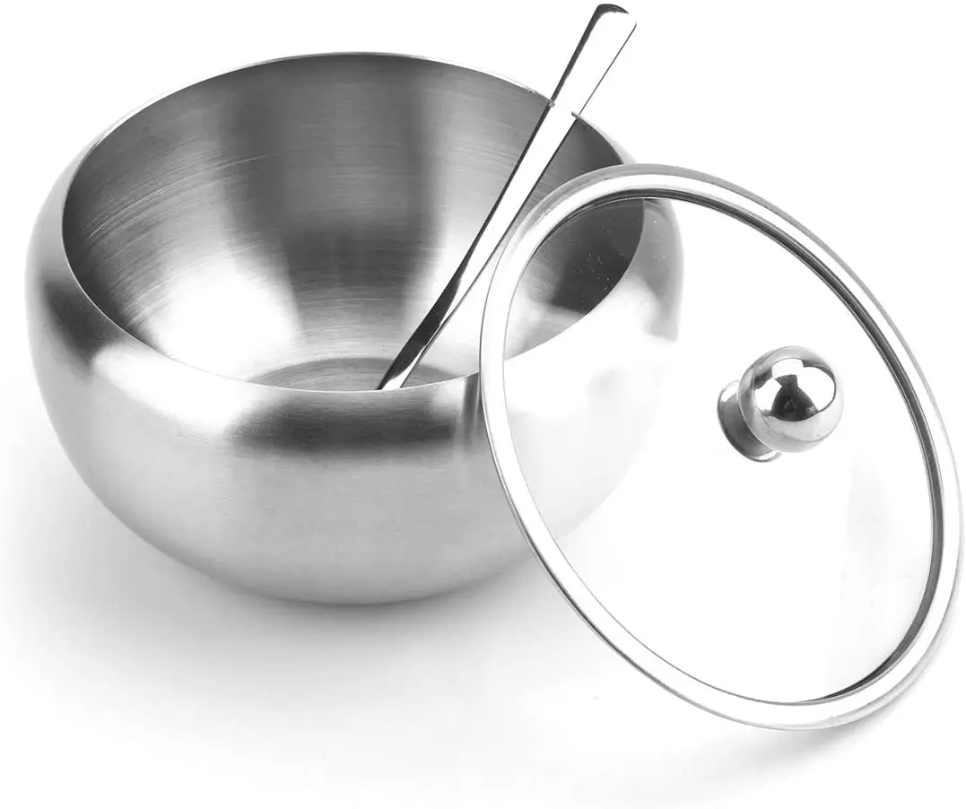 
650ml Stainless Steel Large Sugar Bowl With Glass Lid And Spoon 