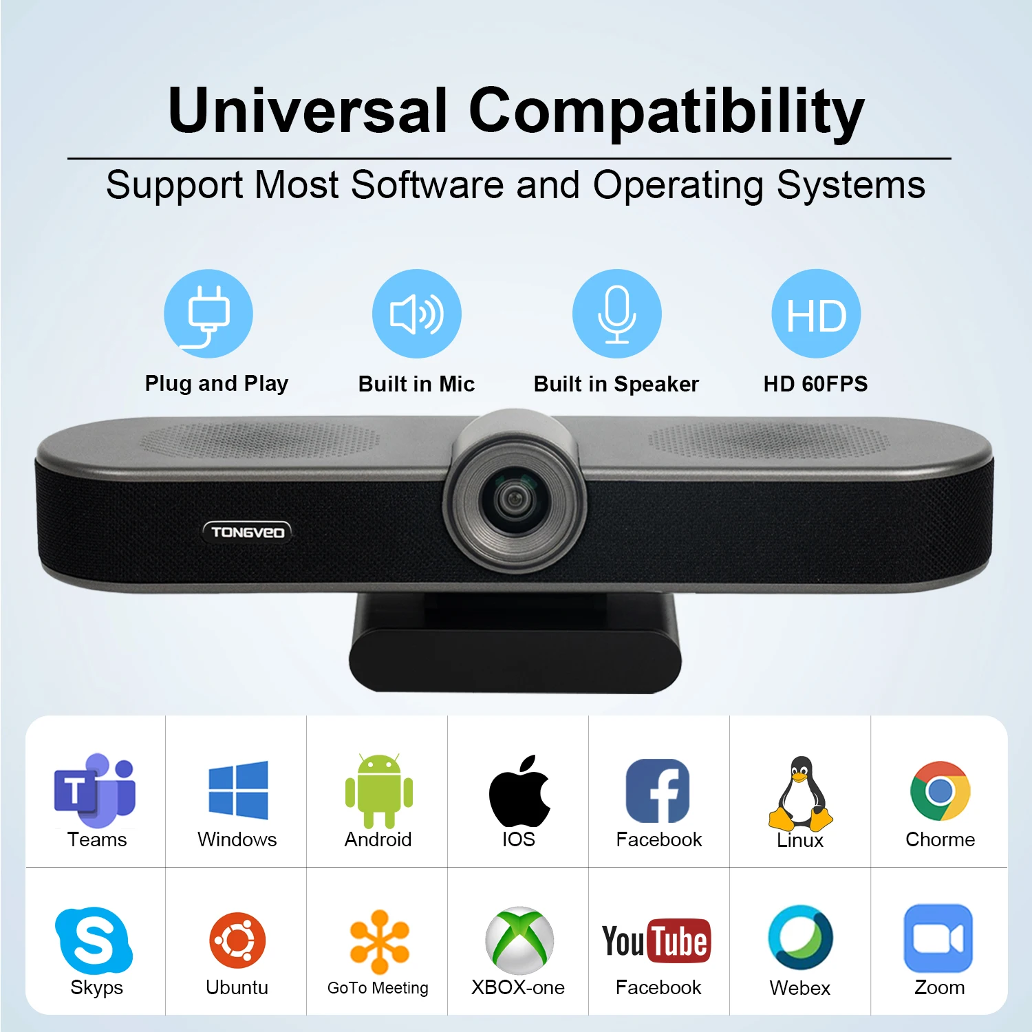 Веб-камера все-в-одном с микрофоном Tongveo CC500A FHD 1080P 60fps для прямой трансляции технологией шумоподавления