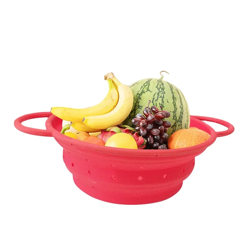 Multifunction foldable food grade silicone round wash vegetable filter pot folding collapsible colander kitchen drain basket