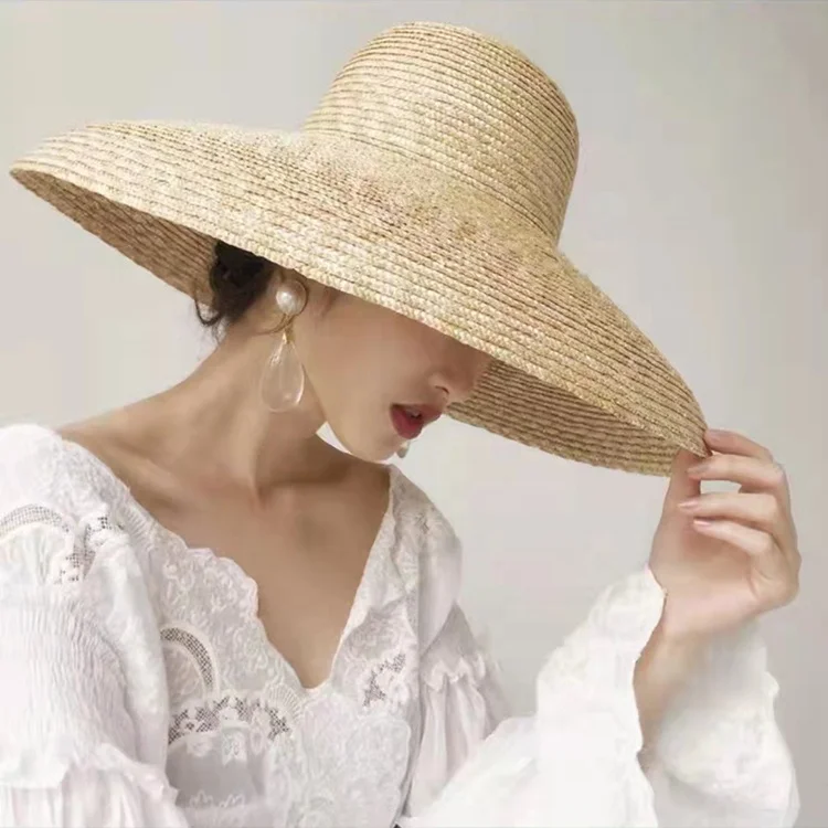 Women Wheat Straw Hat for Catwalk Fashion Oversized Wide Brim Straw Floppy Hat Summer Sun Beach Sun Visor Hat
