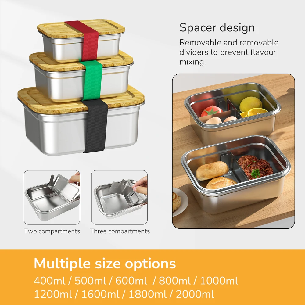 Stainless Steel Bento Box BPA Free Tiffin Crack Resistant Lunch Container Adults Kids with Bamboo Lids for School Office