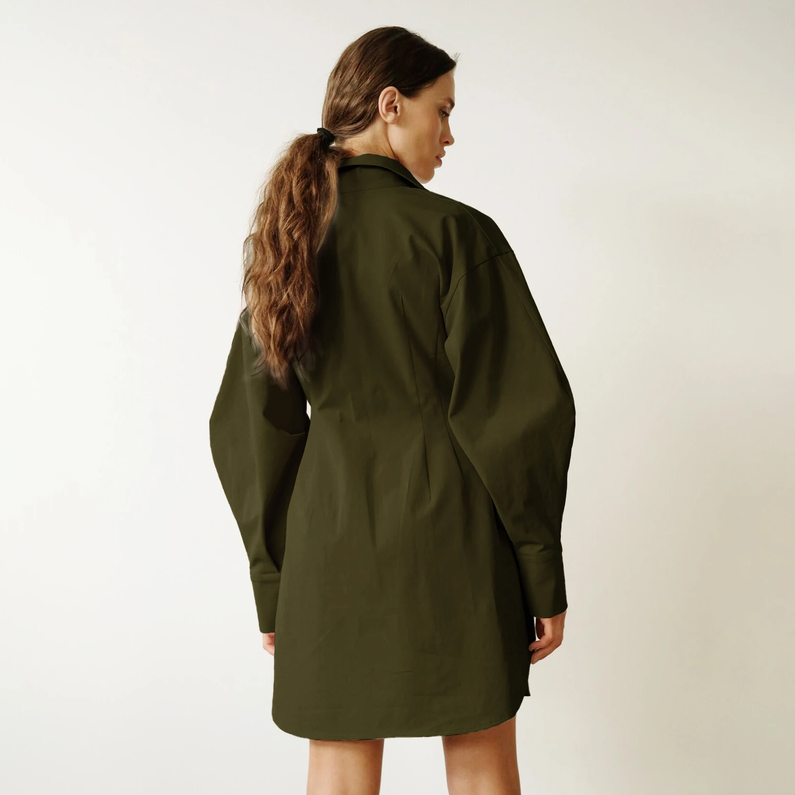 OOTN A-Line Single Breasted Casual Dresses Turn-Down Collar High Waist Solid Long Sleeve Mini Dress Autumn Pleated Shirt Dress