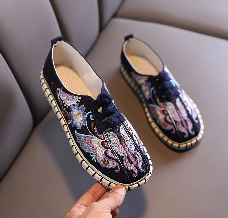 women white navy  multi layer cloth sole shoes breathable cozy    butterfly  embroidered fisherman  shoes sandals