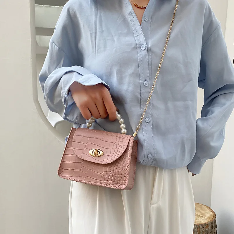 Cheap Wholesale Ladies Pearl Handle Bags Hand Bag PU Leather Women Small Chain Purse Handbag