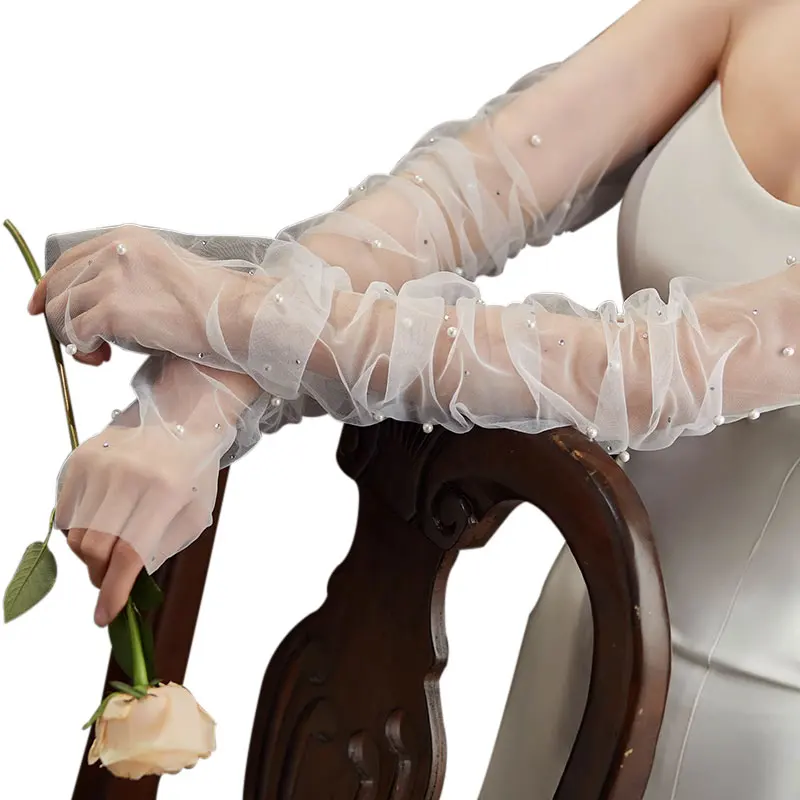 WG111 Handmade Wedding Fingerless White Gloves Long Tulle Pearls Crystal Beading Brides Sleevelet Women Pageant Prom Handschuh