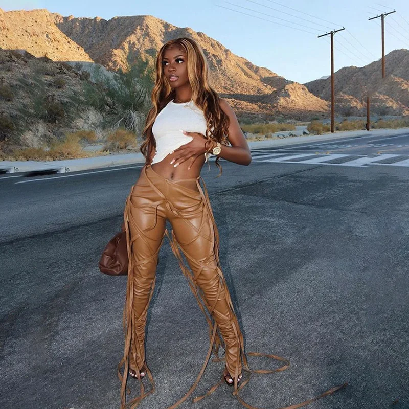 Personalized inclined Skinny Ribbons high waisted pleated leggings Tassel Faux ribbon casual Pu leather lace up pants women