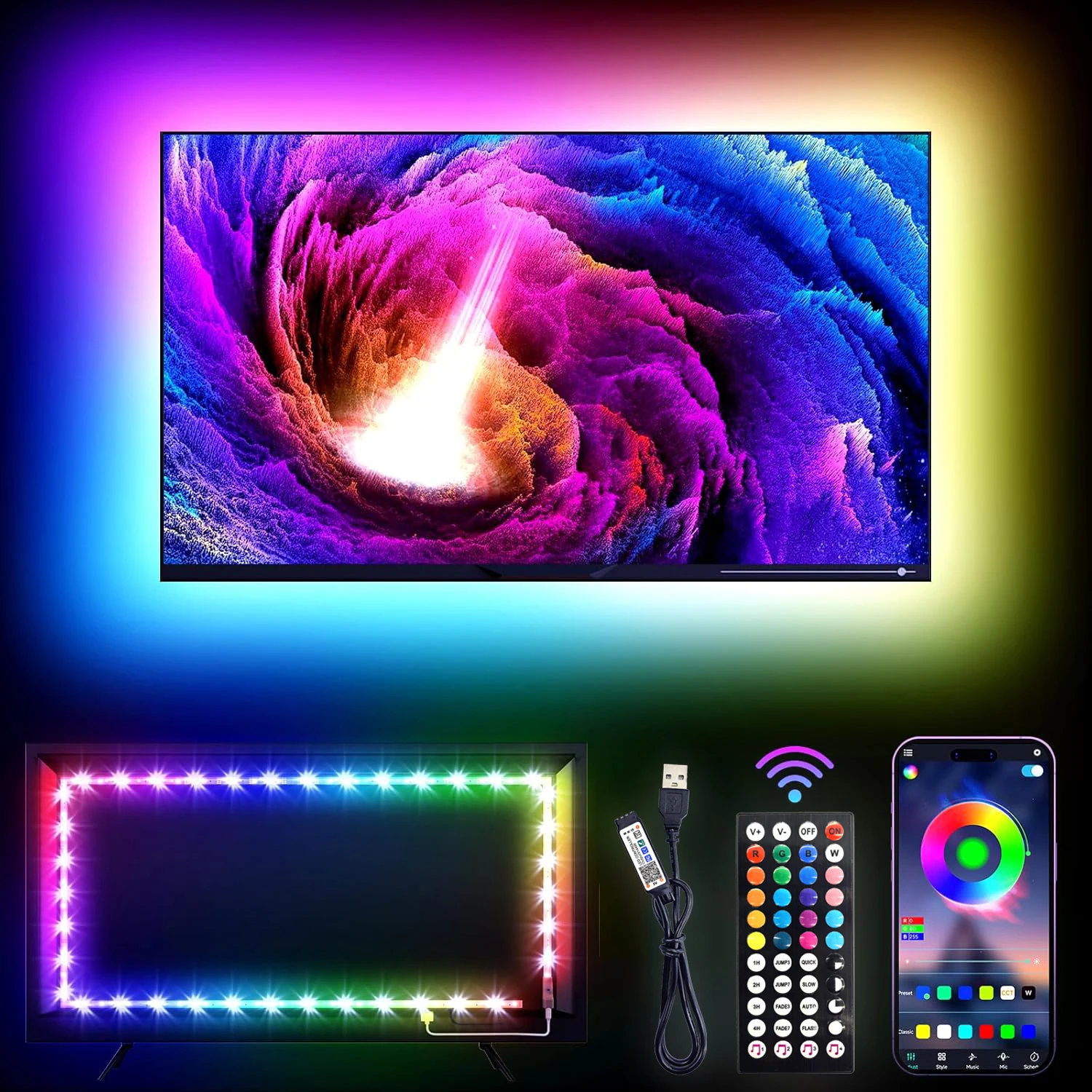 Светодиодная подсветка RGB TV с дистанционным управлением и регулируемой подсветкой