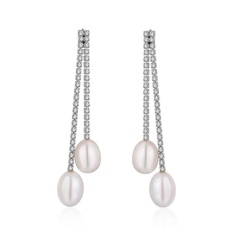 Kammy 7.5-8mm Special Design Double High Quality Real Pearl Earring Long Chan 925 Sterling Silver Earring Tassels Stud Earrings