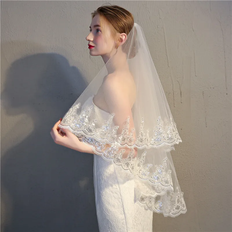 
Wholesale Short ONE Layer Bridal Veil Lace stick the Rhinestone Veil with Hair Comb 90*150CM 