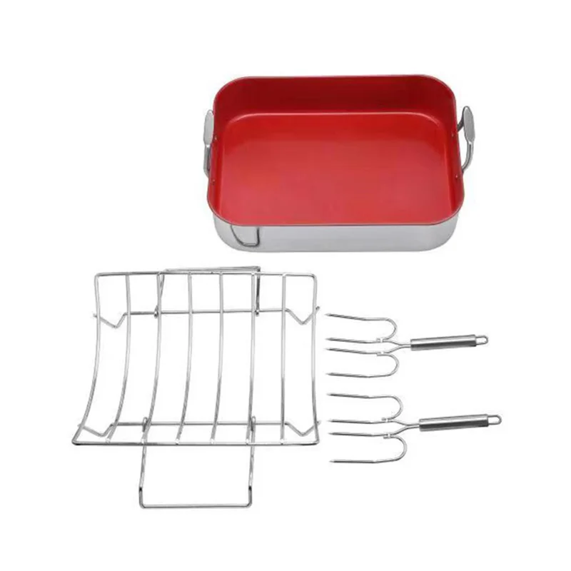 Red Colour non-stick  16Inch Stainless Steel  Cook Roast Commercial Pan with forks