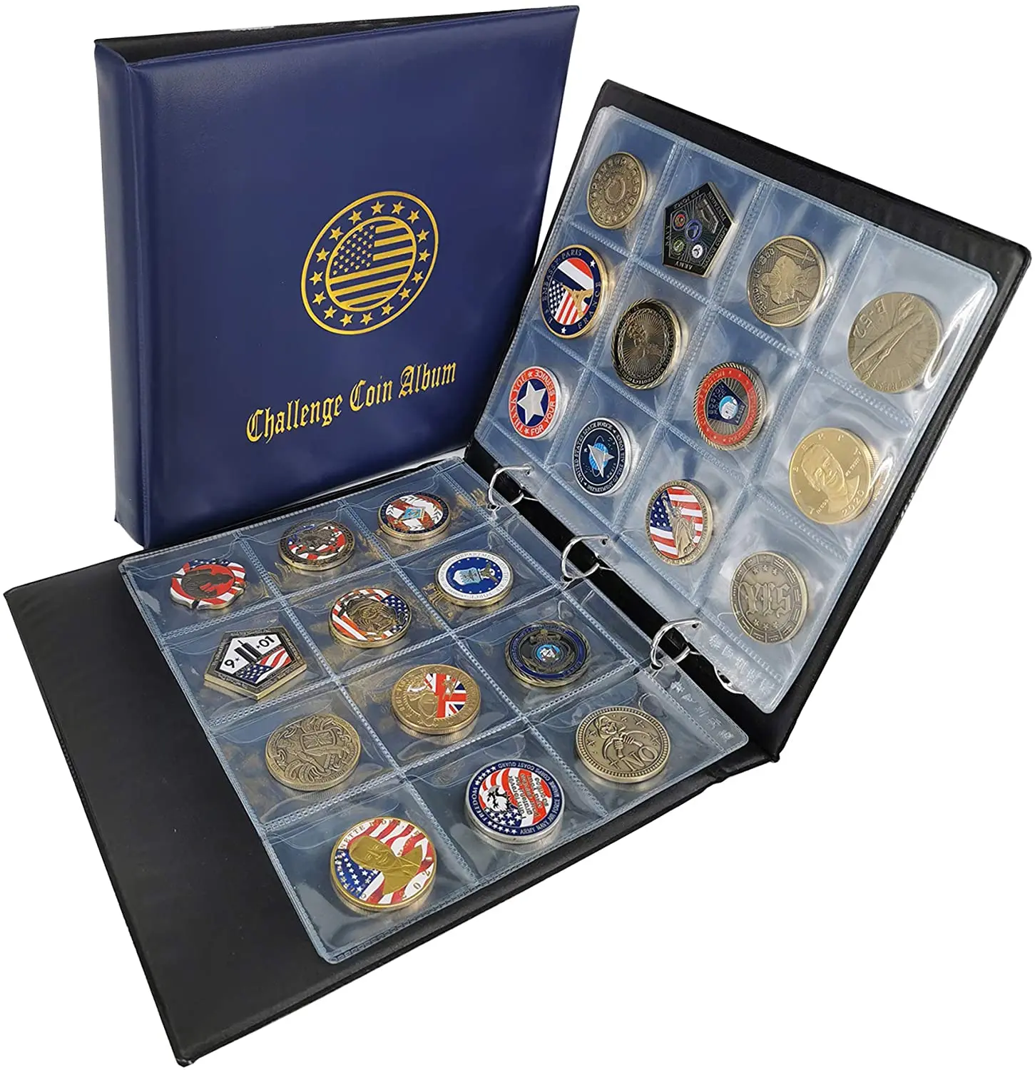 Coin Album 1.18'x1.18' inch Pockets Holds 120 Large Military Coin Medals Display and Storage