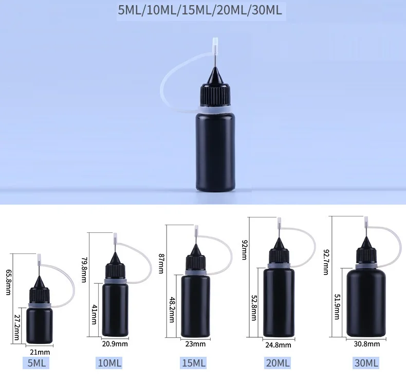 5ml 10ml 15ml 20ml 30ml 50ml black paint ink super glue packaging metal needle nozzle HDPE bottle