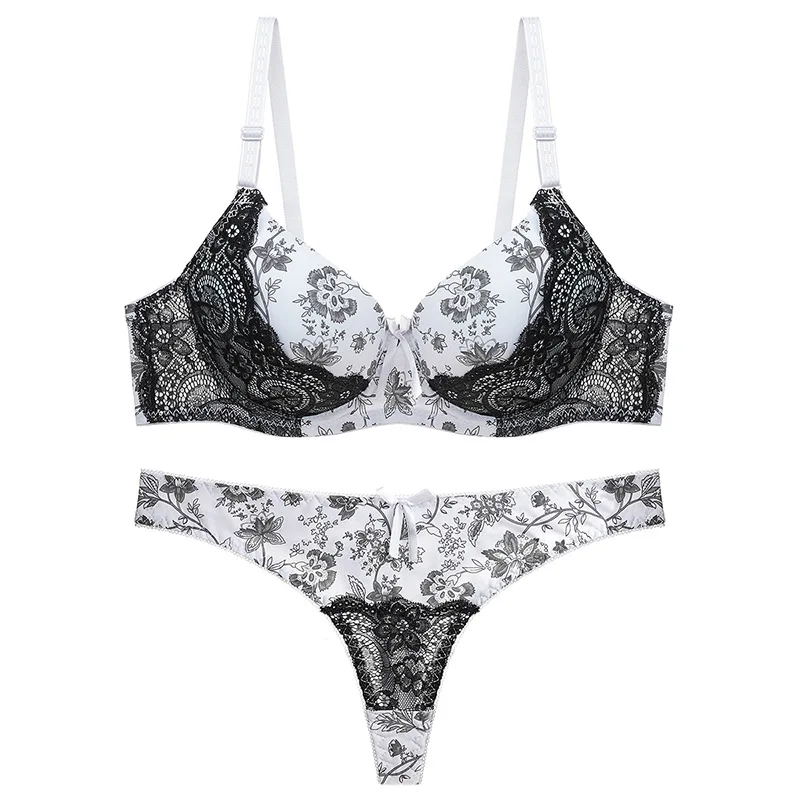 
Factory Direct Sales Womens Sexy Mature Floral Printed Gathered Lace Bra And Panties Sets 
