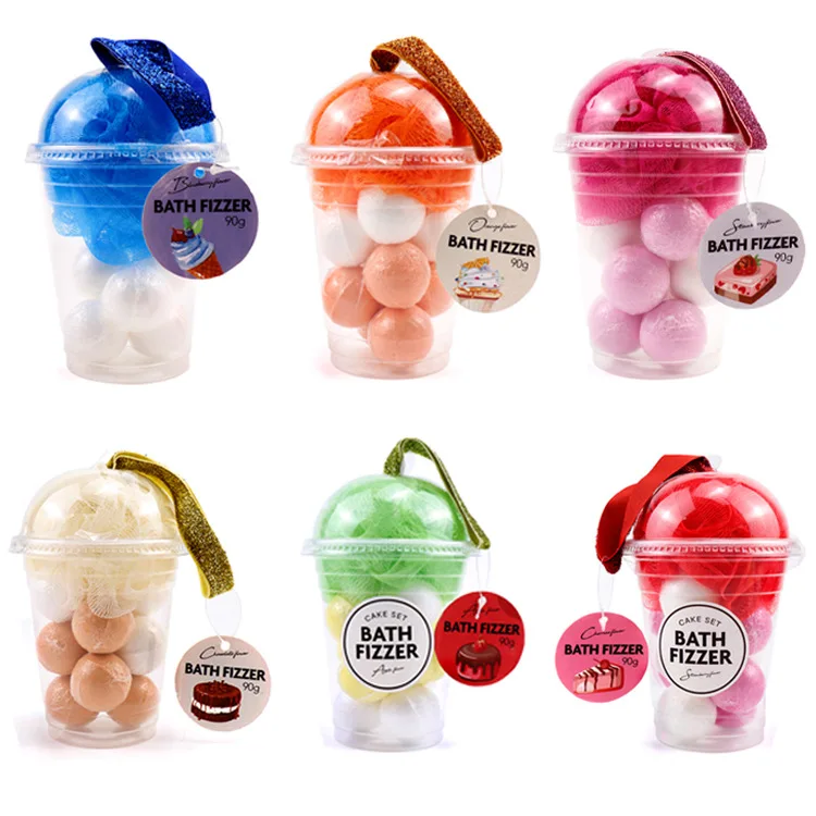 Hot Selling  Milk Tea Cup Bath Bomb Gift Set   Relaxing Moisturizing Bath Bomb With Bath Sponge Ppuff