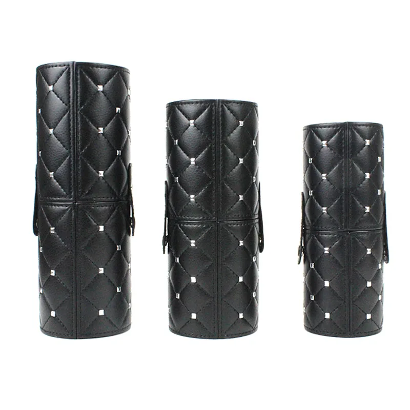 Black Rivet Style Makeup Brush Holder Case Portable Travel Pu Leather cosmetic Cylinder
