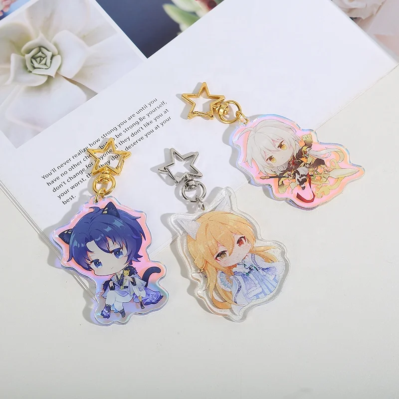 Customizable Bulk Promotional Logo Cute Kawaii Cartoon Anime Clear Holo Glitter Epoxy Acrylic Keychains Kawaii Resin Charms