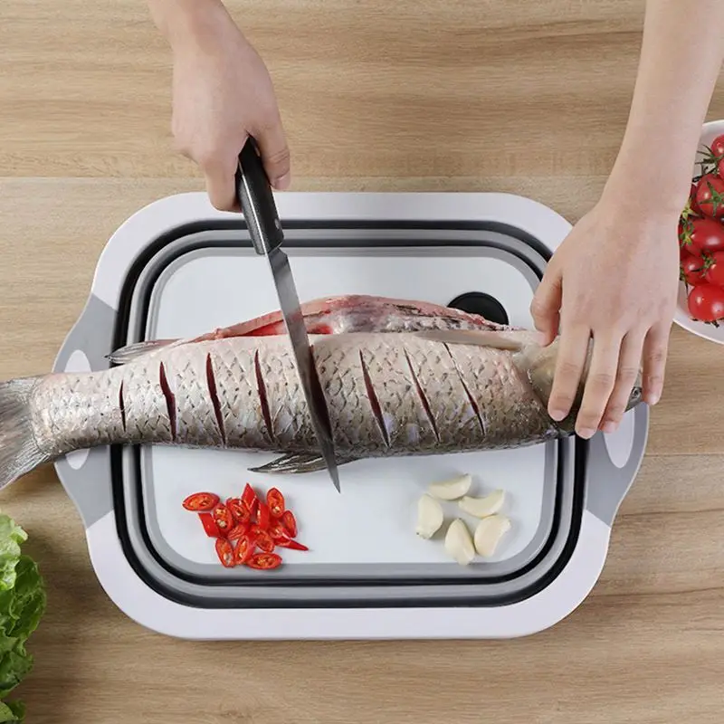 Новейшая кухонная многофункциональная портативная складная пластиковая разделочная доска 2 в 1 корзина для
