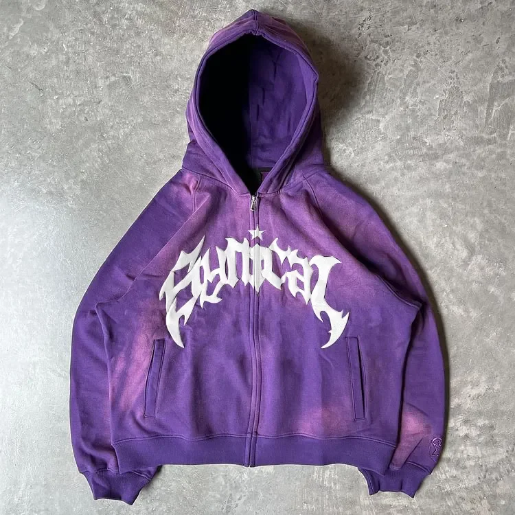 Mens Vintage Washed Hoodies Heavyweight Cotton Acid Washed Zip Up Hoodies 3D Puff Printing Zipper Hoodie