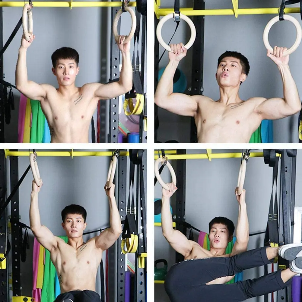 Высококачественные деревянные гимнастические кольца с нейлоновым ремешком